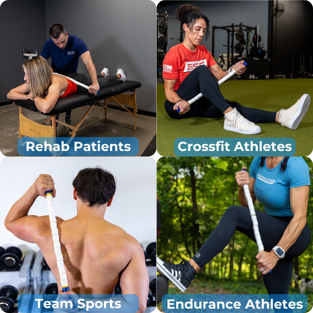 Four images show people using the Body Stick- 24: a therapist treats a patient on a table, a CrossFit athlete uses it seated, a sports player gets back massage, and an endurance athlete outdoors achieves full-body recovery.