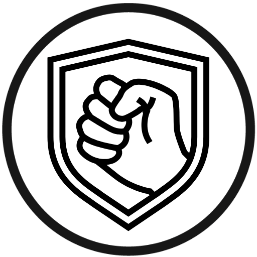 A minimalist closed fist inside a shield surrounded by a circle on a white background.