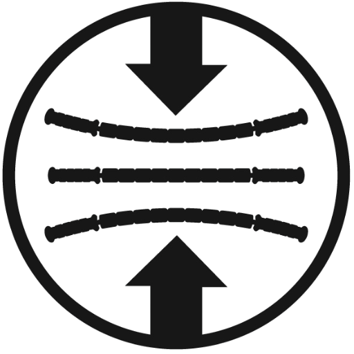Transparent image of three sticks surrounded by a circle with the arrows coming from the outer circle pointing up and down. The bottom and top sticks are flexed as if the arrow was bending the sticks.