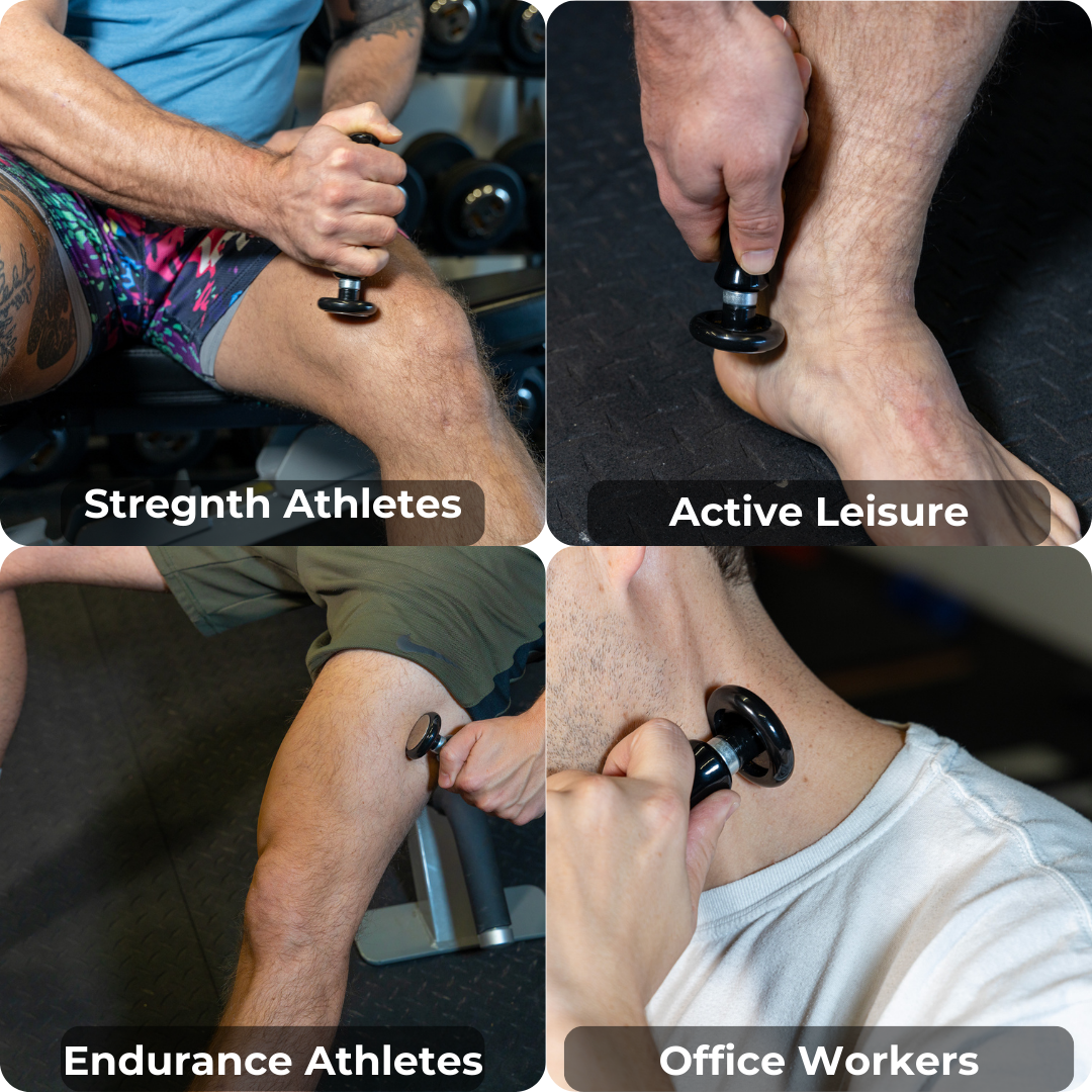 A collage of four images shows people using The Intruder™ for trigger point therapy on their legs and neck, labeled: Strength Athletes, Active Leisure, Endurance Athletes, and Office Workers.