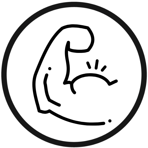 A transparent emblem with a bicep flexing inside a circle.
