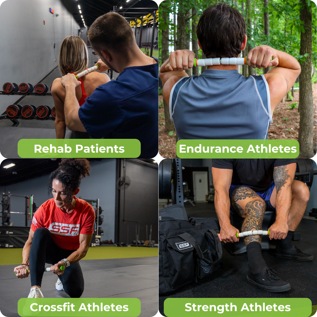 Four images show people using the Little Stick-14: a rehab patient, an endurance athlete outdoors, a CrossFit athlete in a gym, and a strength athlete massaging his calf for muscle recovery.