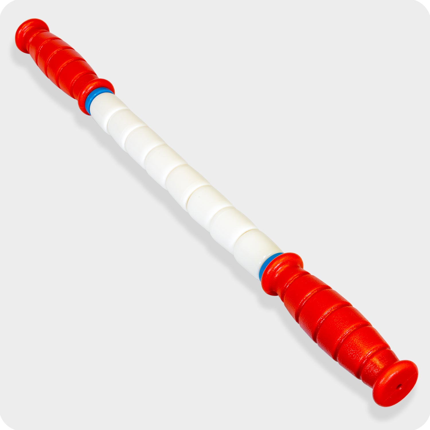 The Travel Stick- 18 features red textured handles and a white segmented roller—this gym bag essential is perfect for muscle recovery, shown on a plain white background.