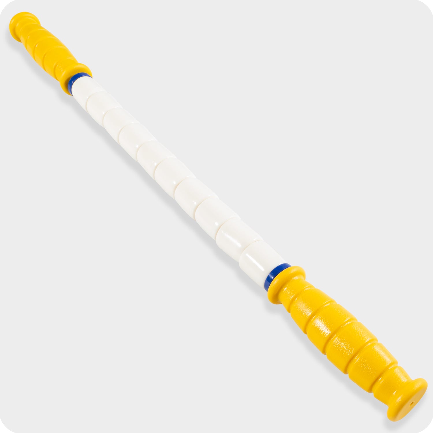 The Marathon Stick-20 features yellow textured handles and a white segmented roller, perfect for IT band relief, shown on a light gray background.