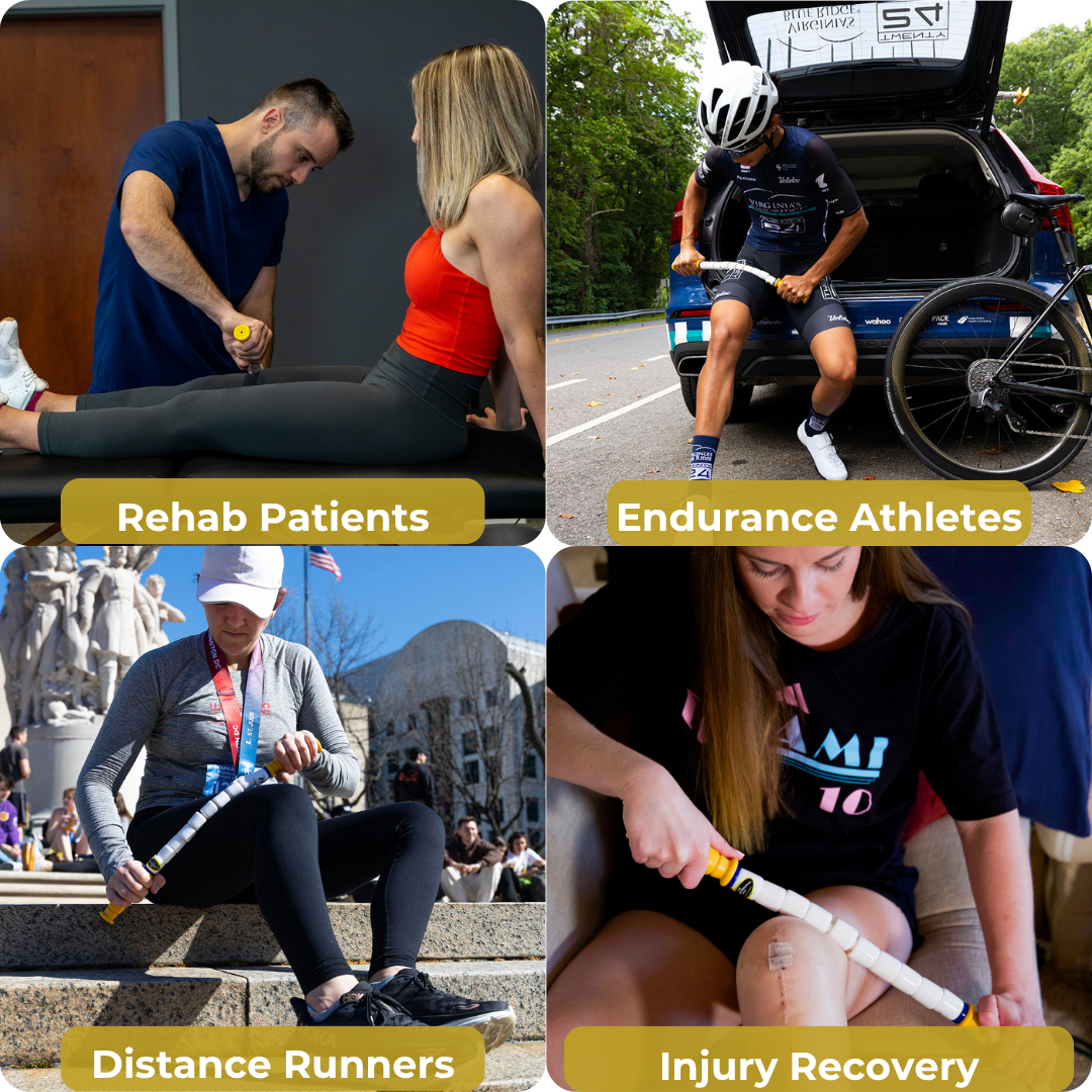 A four-panel collage features the Marathon Stick-20 used for muscle recovery: a clinician with a patient, an endurance athlete post-race, a runner massaging their IT band on steps, and a woman at home—each panel labeled by use case.