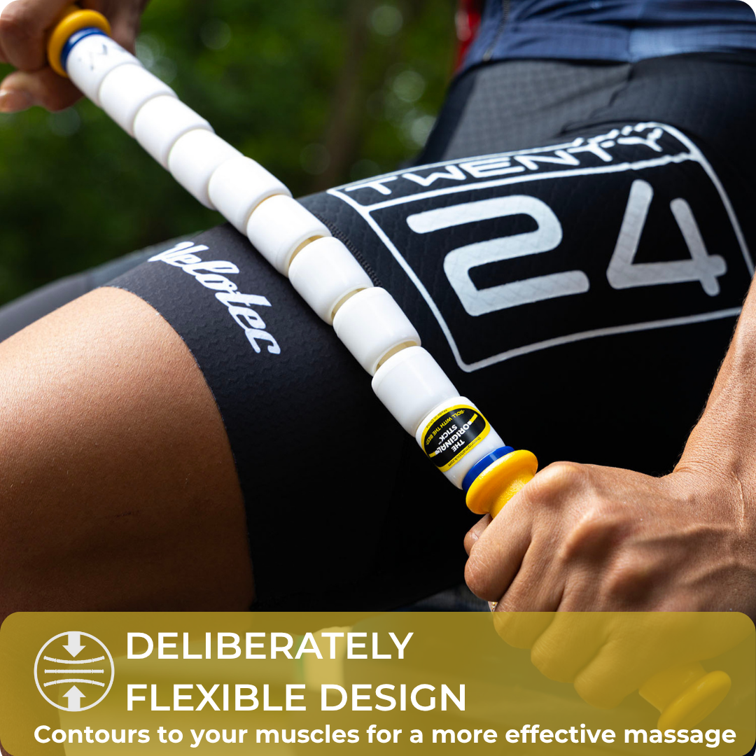 Wearing athletic gear, someone uses the Marathon Stick- 20 on their thigh. Text overlay: Flexible design contours to muscles for more effective IT band relief and muscle recovery.