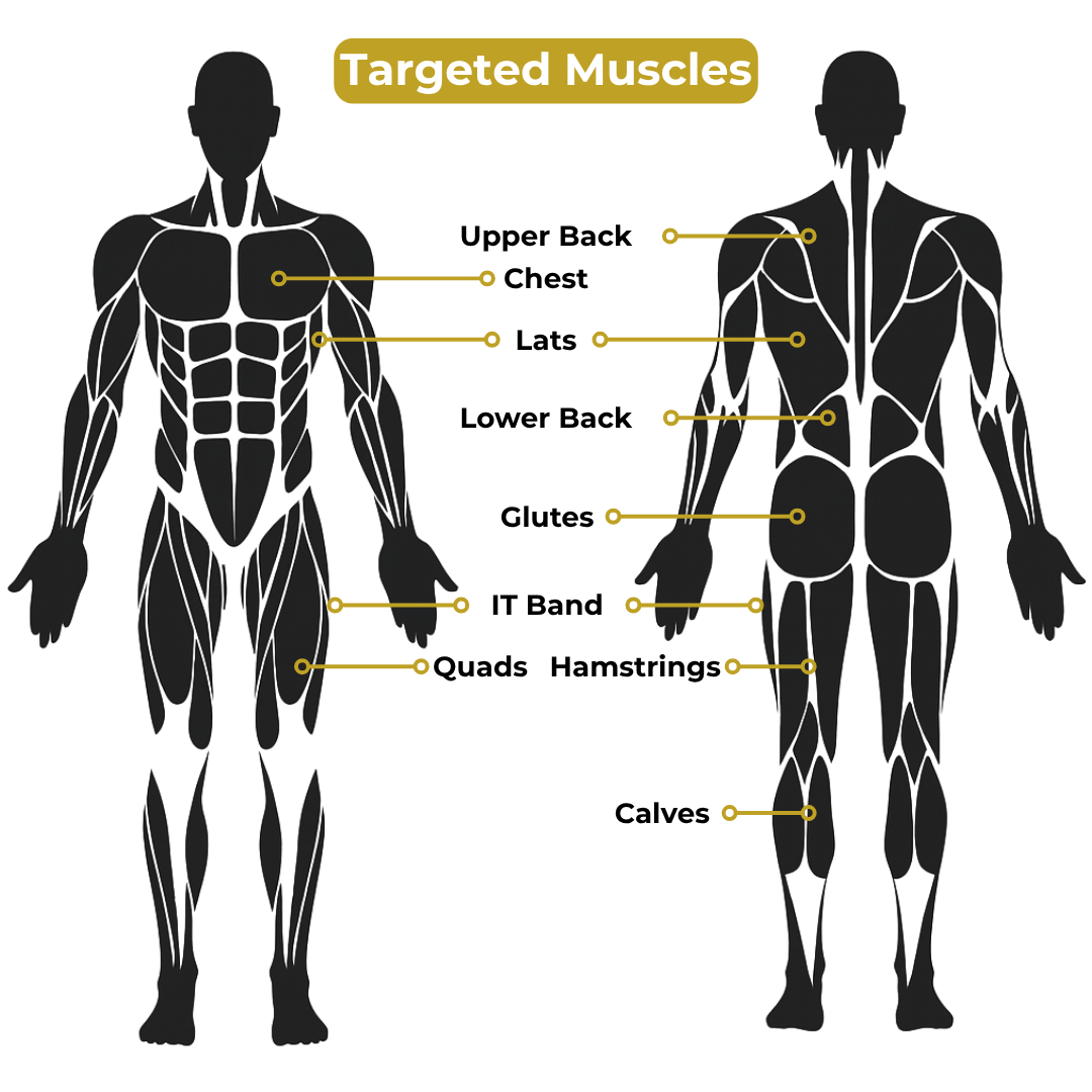 Diagram of a human body (front and back) highlighting muscles targeted by the Marathon Stick-20 for recovery: upper back, chest, lats, lower back, glutes, IT band, quads, hamstrings, and calves—all labeled with yellow markers.