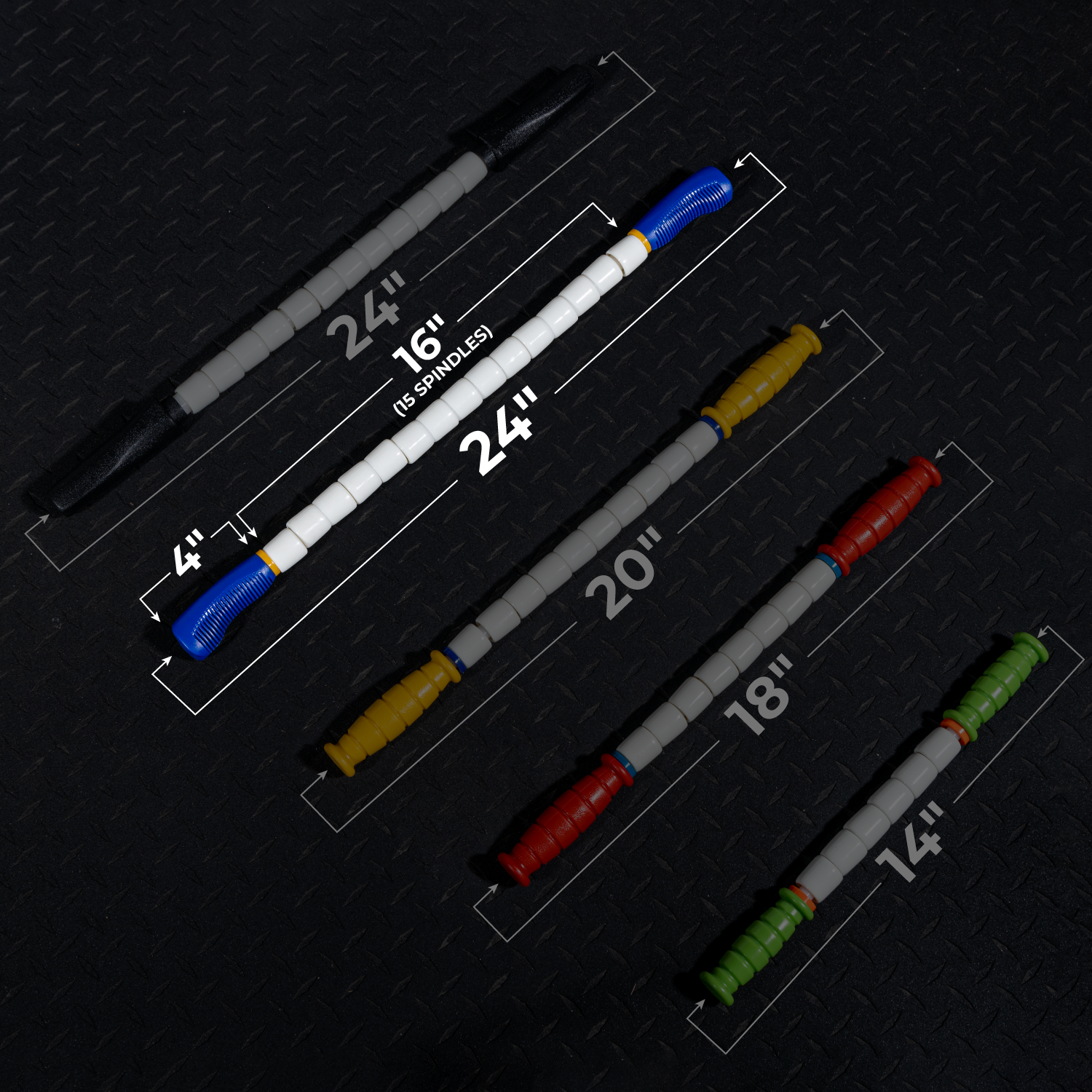 Five Body Stick-24 muscle roller sticks (lengths: 24, 24, 20, 18, 14) are arranged on a black textured floor. The largest stick features labeled measurements and blue handles; others have red, yellow, or green handles. Ideal for full-body recovery.