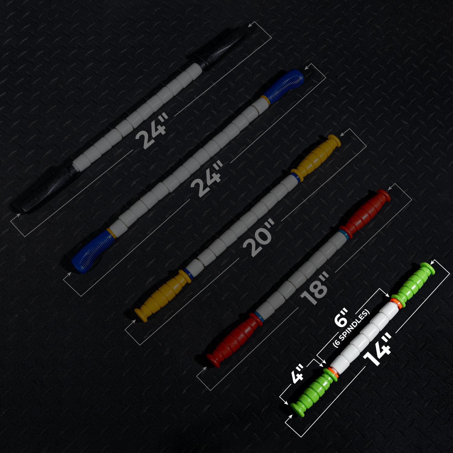 The Little Stick-14 massage stick, shown with 4-inch handles and a 6-inch spindle for targeted trigger point relief, is displayed on a textured dark surface alongside massage sticks in 24, 24, and 20 sizes, each labeled by size.