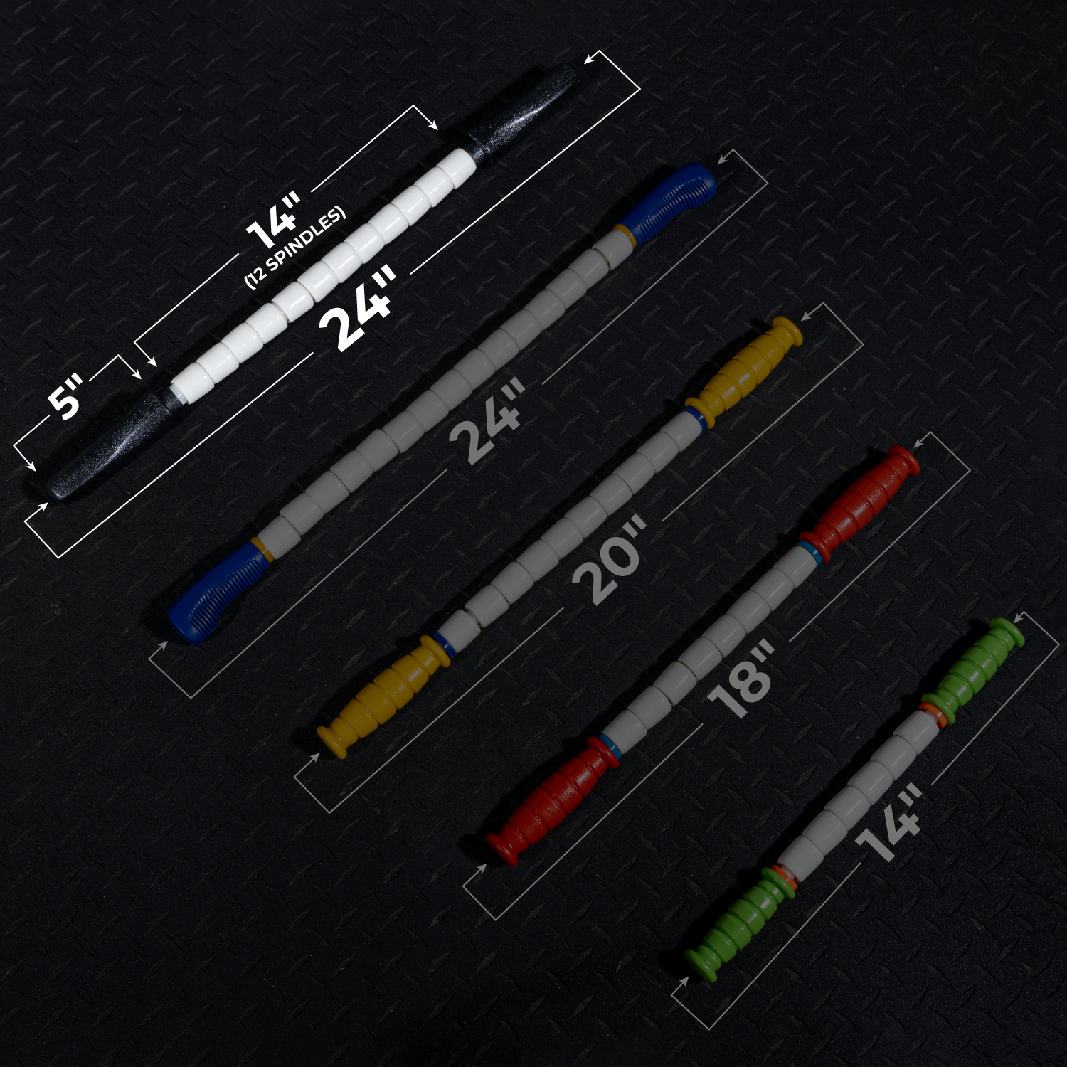 Five Stiff Stick - 24 massage sticks with various colored handles are diagonally arranged on a textured black surface. Lengths labeled: 24, 24, 20, 18, and 14 inches; the top stick also notes a 5 handle and 14 spindles.