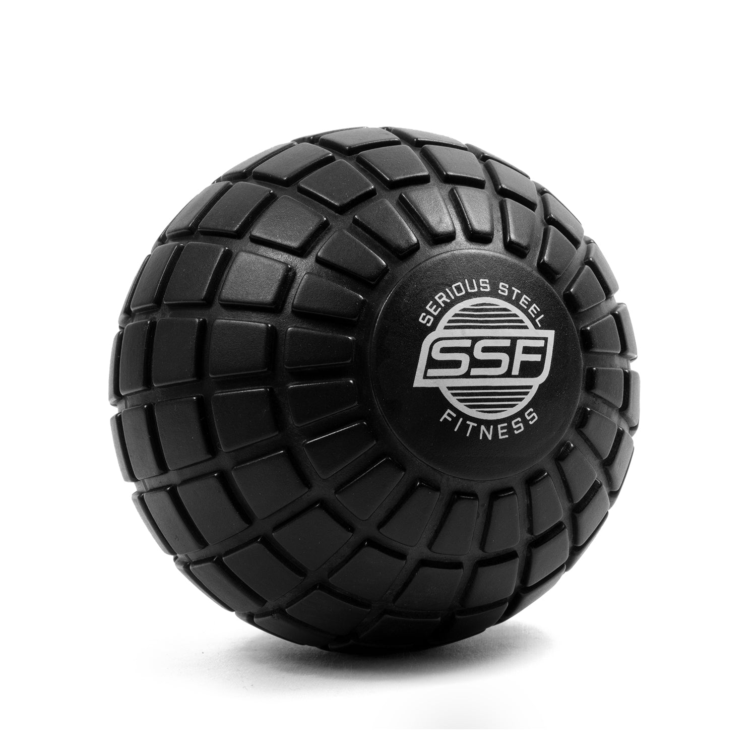 The 5 Massage Ball features a textured black surface with raised rectangular patterns and the Serious Steel Fitness SSF logo at the center—ideal for deep tissue release and enhanced mobility.