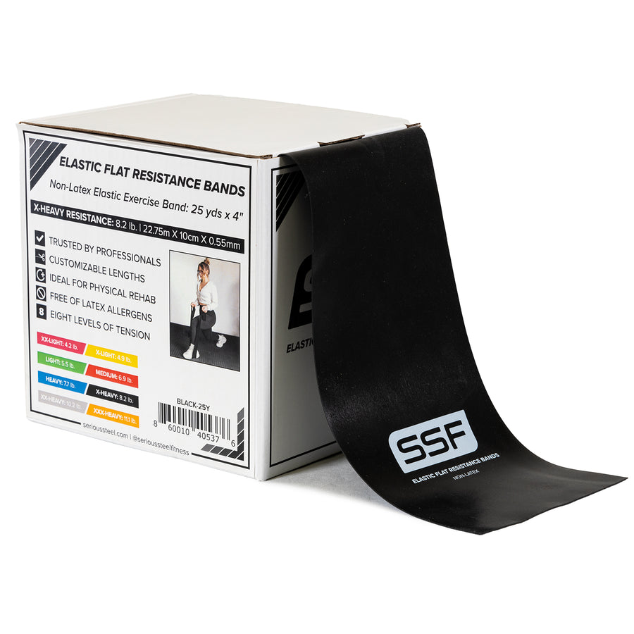 A box labeled Physical Therapy Exercise Bands - 4 X 25 Yards shows a black elastic band partially unrolled. The packaging highlights flexibility and strength, lists resistance levels, and features the SSF logo on the band.