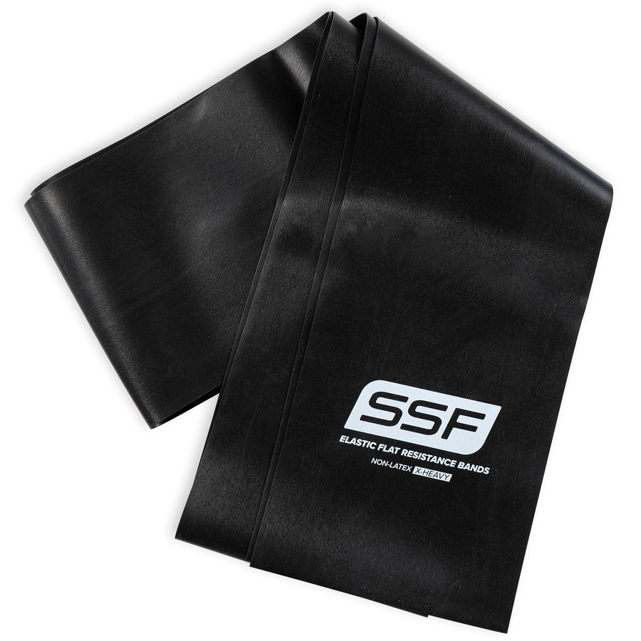 A black Physical Therapy Exercise Band, 4 X 5, flat and slightly folded for storage. SSF Elastic Flat Resistance Bands Non-Latex Heavy is printed in white, making it perfect for home workouts and flexible use.