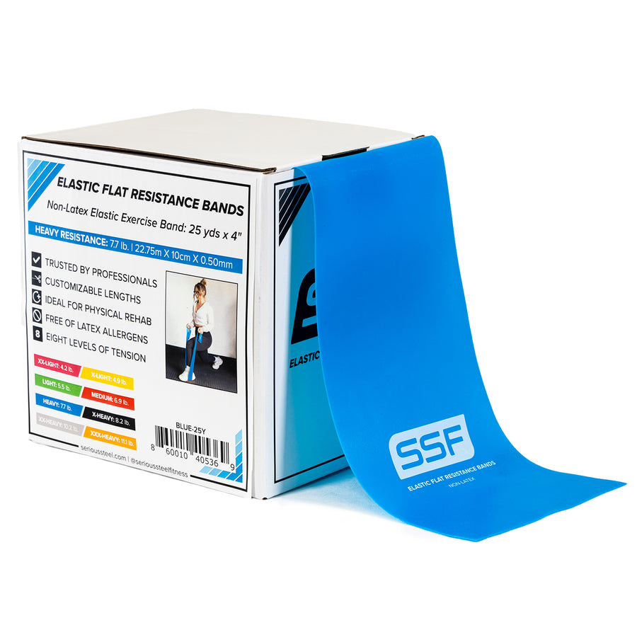 A blue Physical Therapy Exercise Band (4 x 25 yds) is partly unrolled from a white SSF box. Heavy resistance, customizable lengths, and allergen-free material make it ideal for strength and flexibility training.