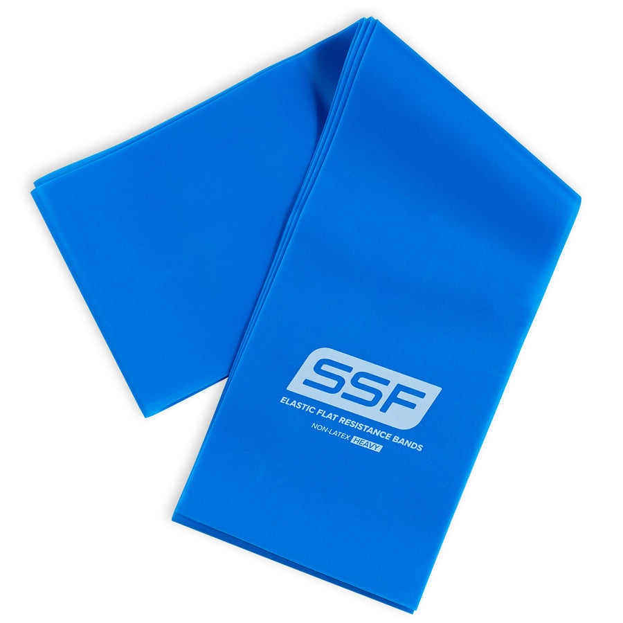 A blue Physical Therapy Exercise Band, 4 x 5, ideal for home workouts and flexibility training, with SSF and Elastic Flat Resistance Bands Non-Latex Heavy printed in white on the surface.