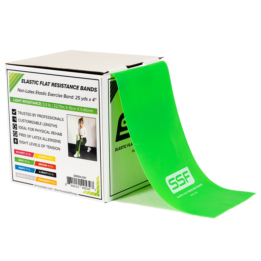 A green Physical Therapy Exercise Band (4 x 25 Yards) is partially unrolled from a white box labeled Elastic Flat Resistance Bands, with images showing its strength and flexibility for exercise and rehab use.