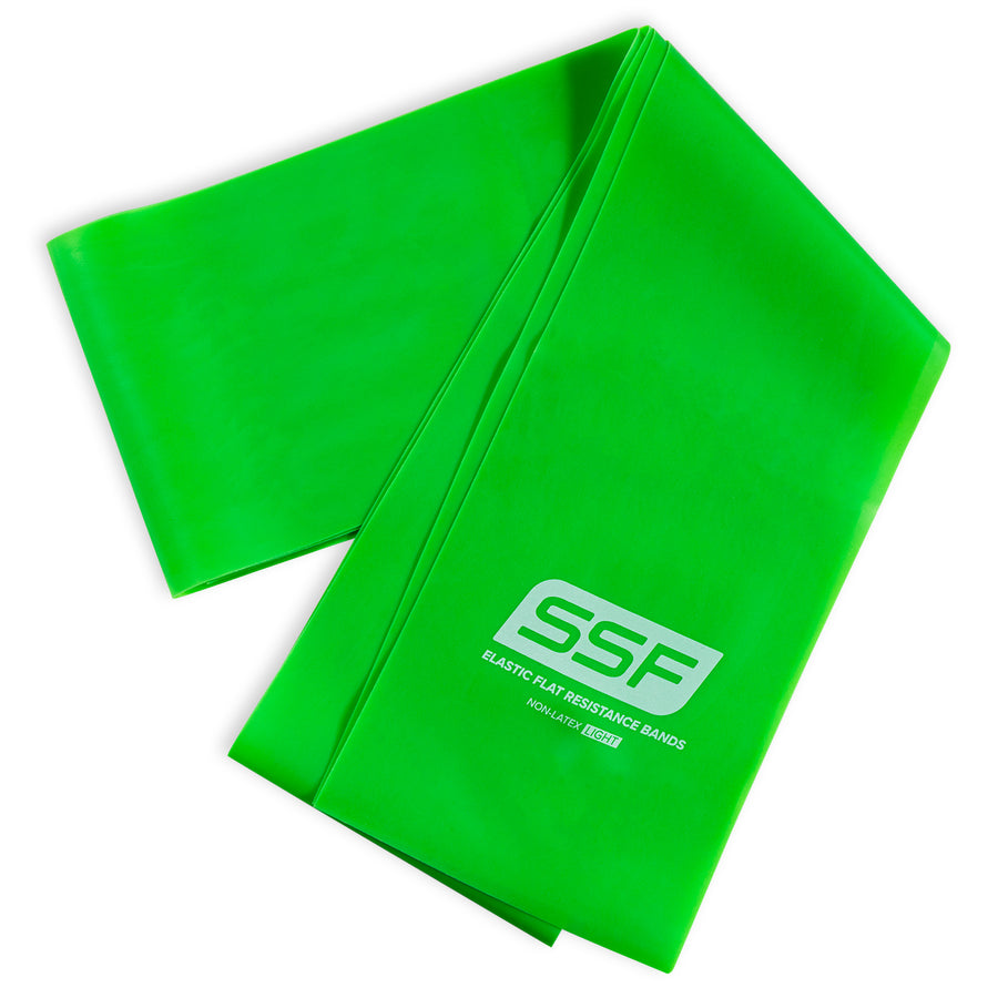 The Physical Therapy Exercise Bands - 4 X 5 in bright green, featuring SSF and Elastic Flat Resistance Bands printed in white, is partially folded on a white background—ideal for flexibility and home workouts.