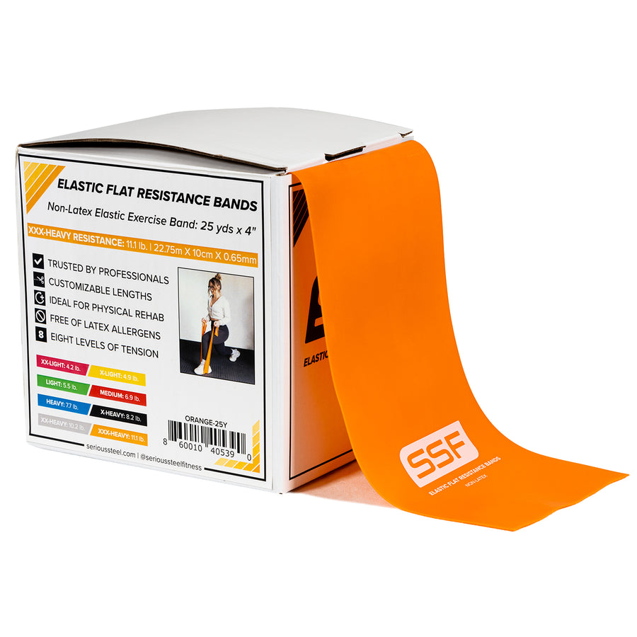 A box labeled Physical Therapy Exercise Bands - 4 X 25 Yards dispenses an orange XX-Heavy band for strength and flexibility. Customizable lengths, rehab use, and latex-free material are highlighted on the box.