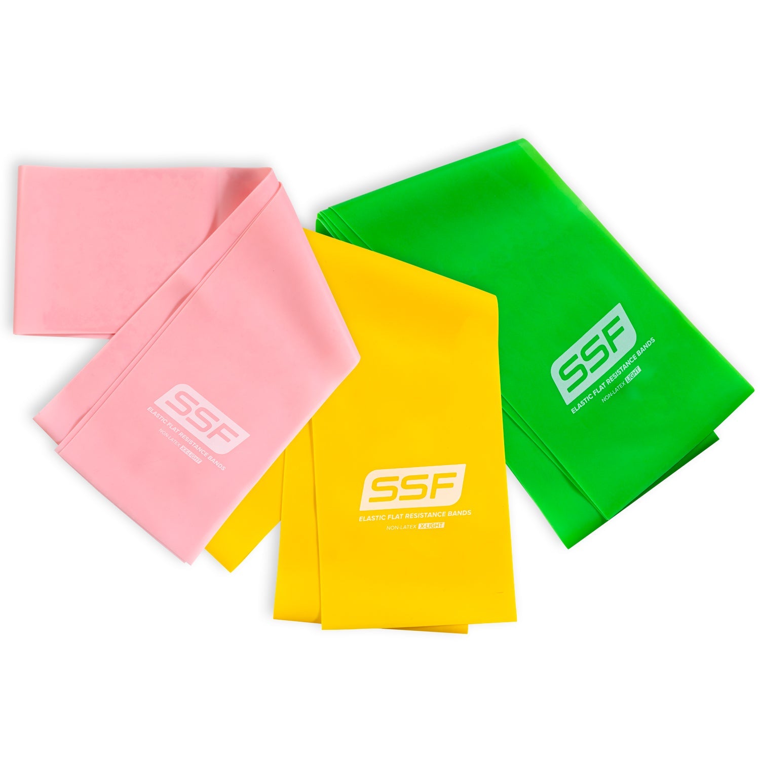 Three 4 x 5 Physical Therapy Exercise Bands in pink, yellow, and green, each labeled with “SSF Elastic Flat Resistance Bands” in white, overlap on a white background—perfect for at-home flexibility workouts.