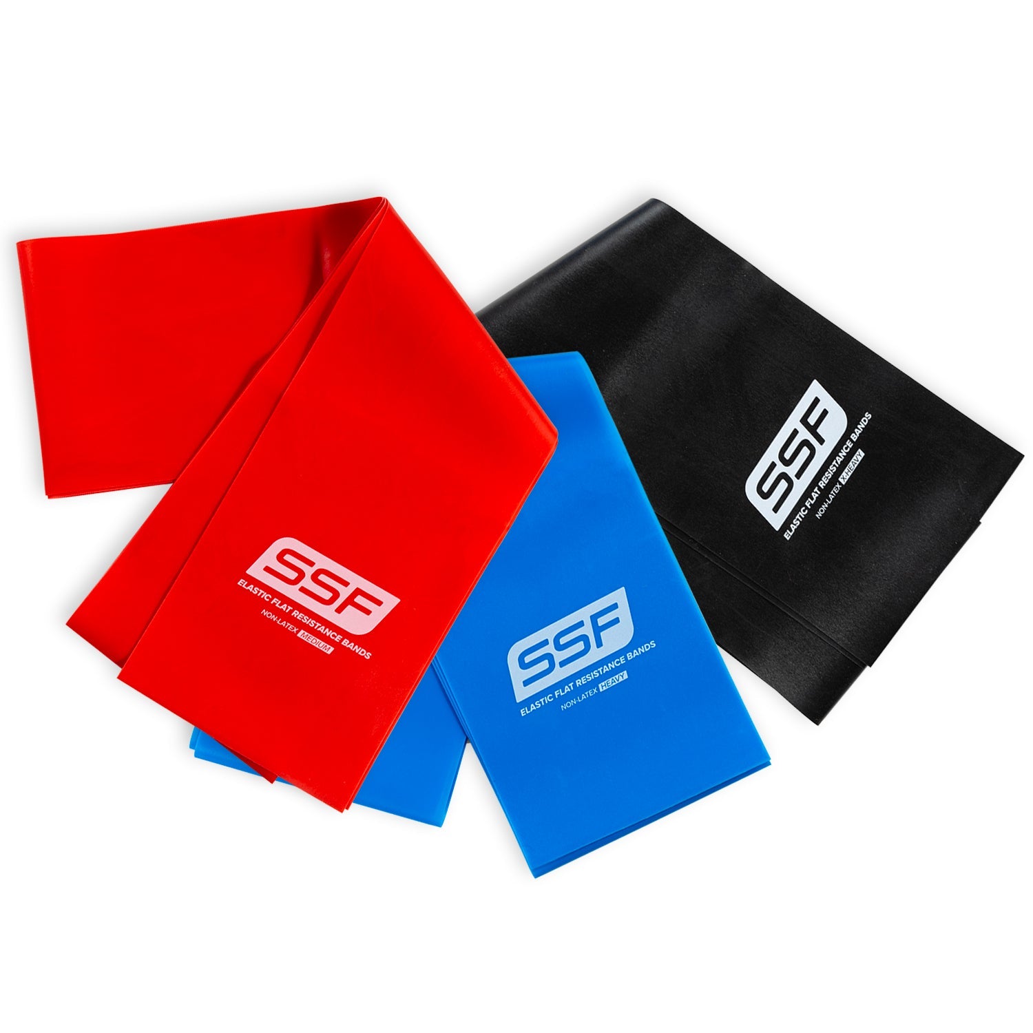 Three SSF Physical Therapy Exercise Bands (4 x 5) in red, blue, and black with varying resistance levels are laid out overlapping on a white background—perfect for flexibility and effective home workouts.