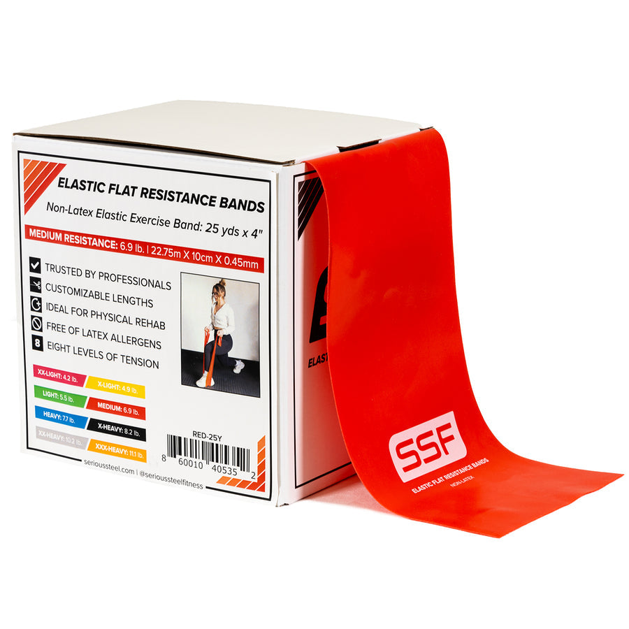 A box labeled Physical Therapy Exercise Bands - 4 X 25 Yards with a red band partially unrolled. The box highlights features such as flexibility, customizable lengths, latex-free material, and medium resistance of 6-9 lbs.