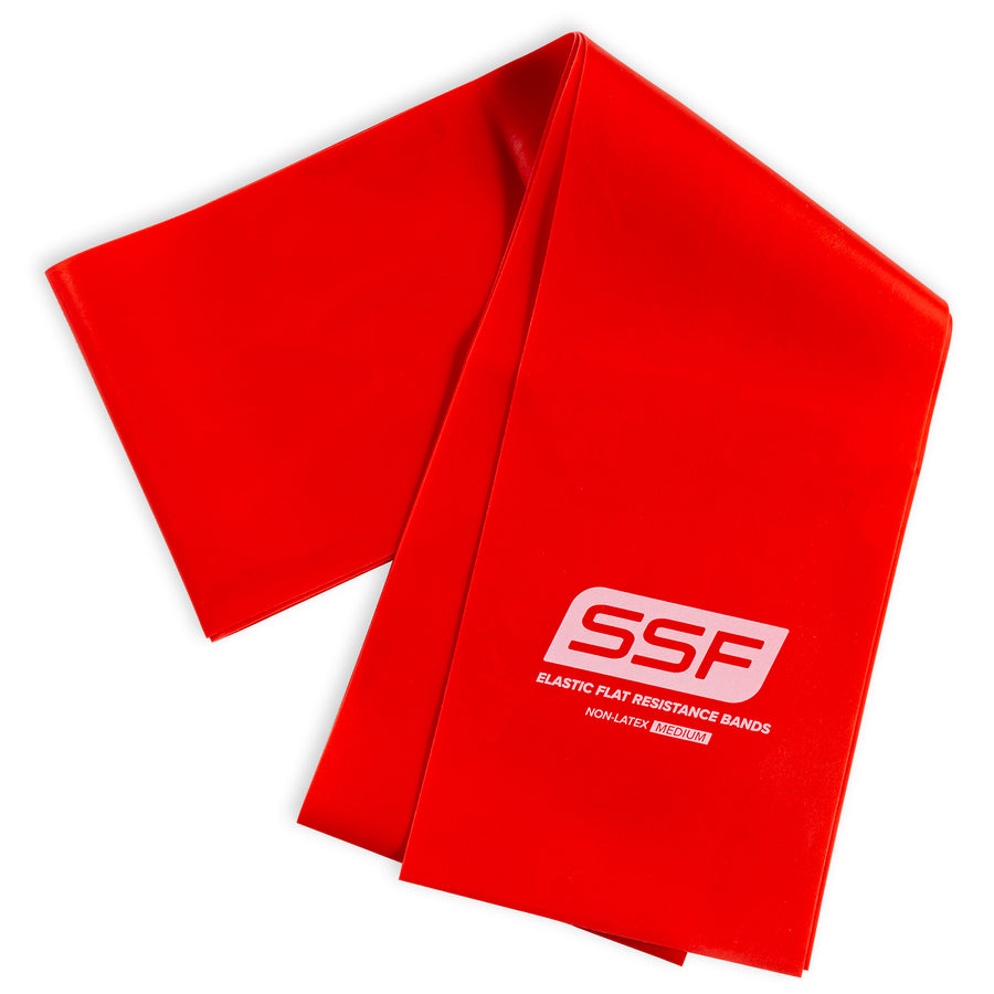 A long, flat red Physical Therapy Exercise Band (4 x 5) with SSF and ELASTIC FLAT RESISTANCE BANDS printed in white—ideal for at-home workouts to boost flexibility.