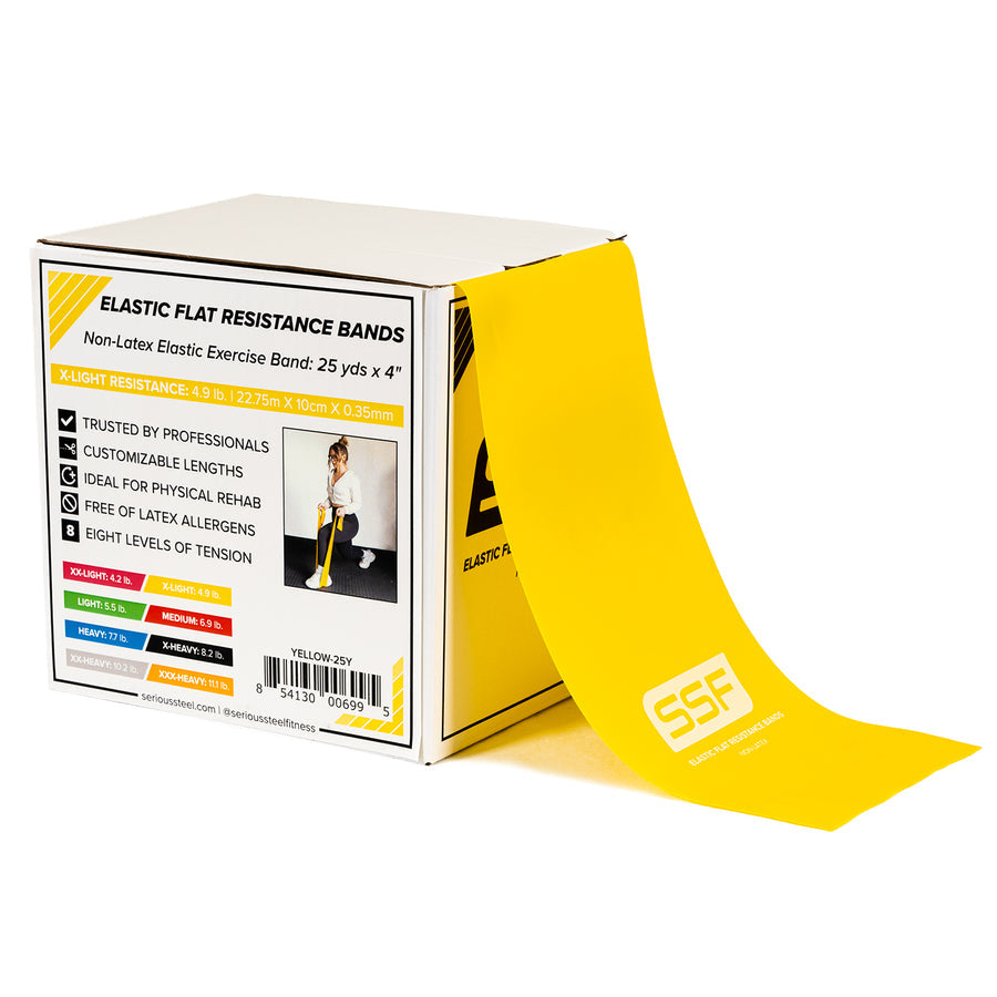 A white box labeled Physical Therapy Exercise Bands - 4\ X 25 Yards dispenses a yellow SSF band, featuring non-latex material, customizable lengths, and elastic resistance for flexibility and professional strength training.
