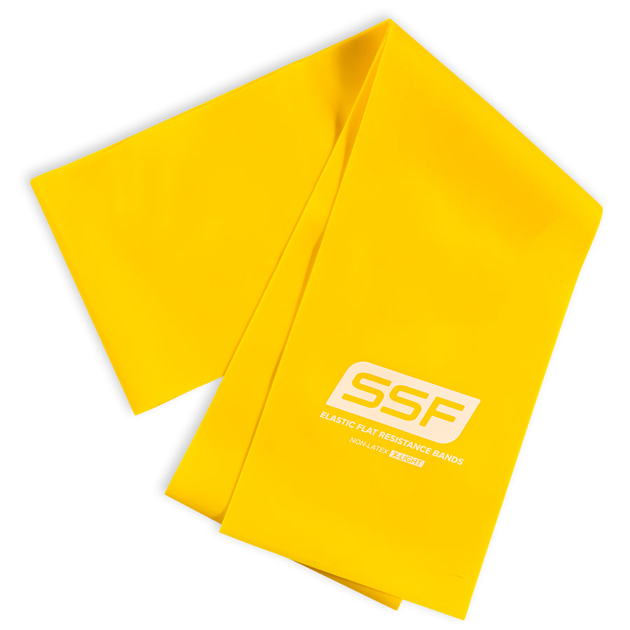 A yellow, flat Physical Therapy Exercise Band (4 x 5), printed with SSF and Elastic Flat Resistance Bands Non-Latex, ideal for home workouts or flexibility training, displayed on a white background.