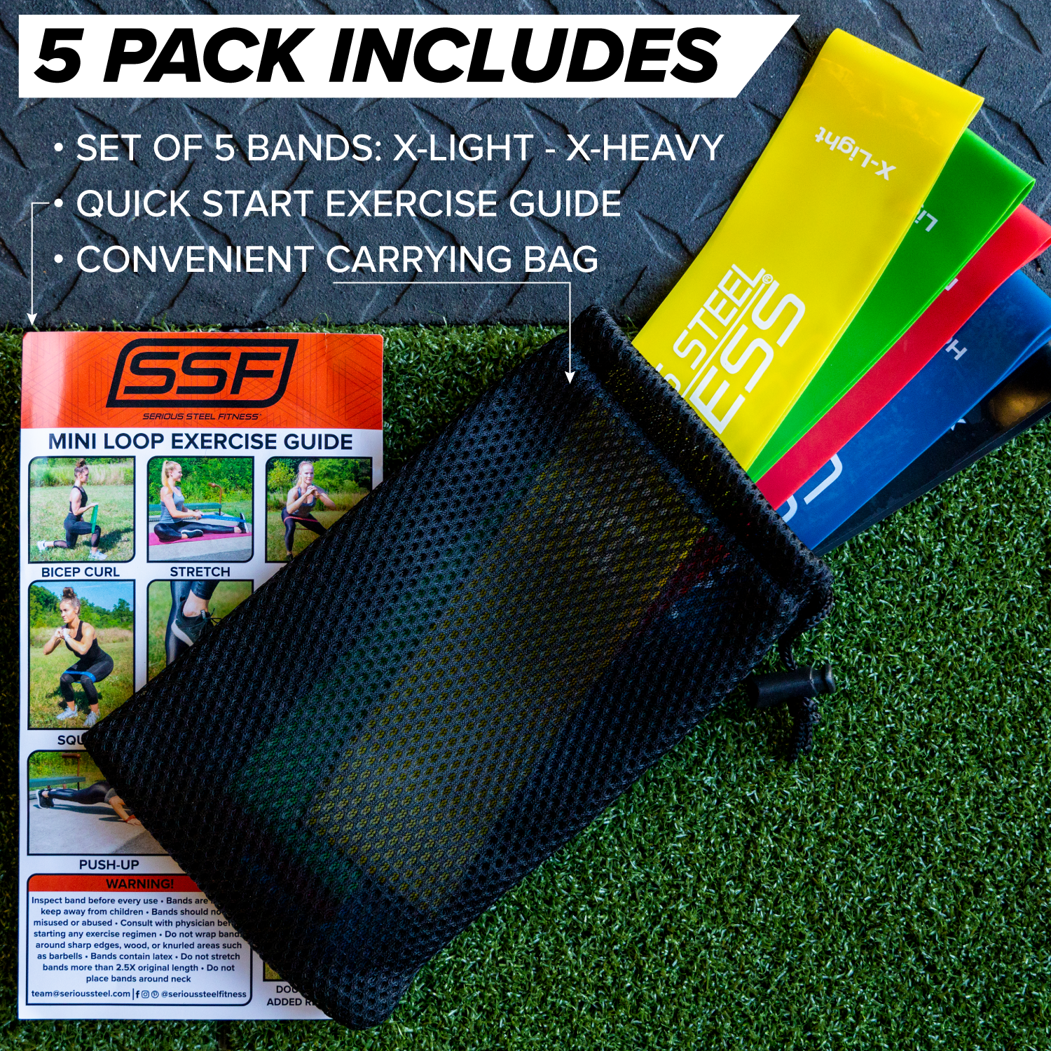 The Warm-Up Resistance Band Set (2 x 12) includes five colorful mini loop resistance bands (X-light to X-heavy), an exercise guide, and a mesh carrying bag for easy transport.