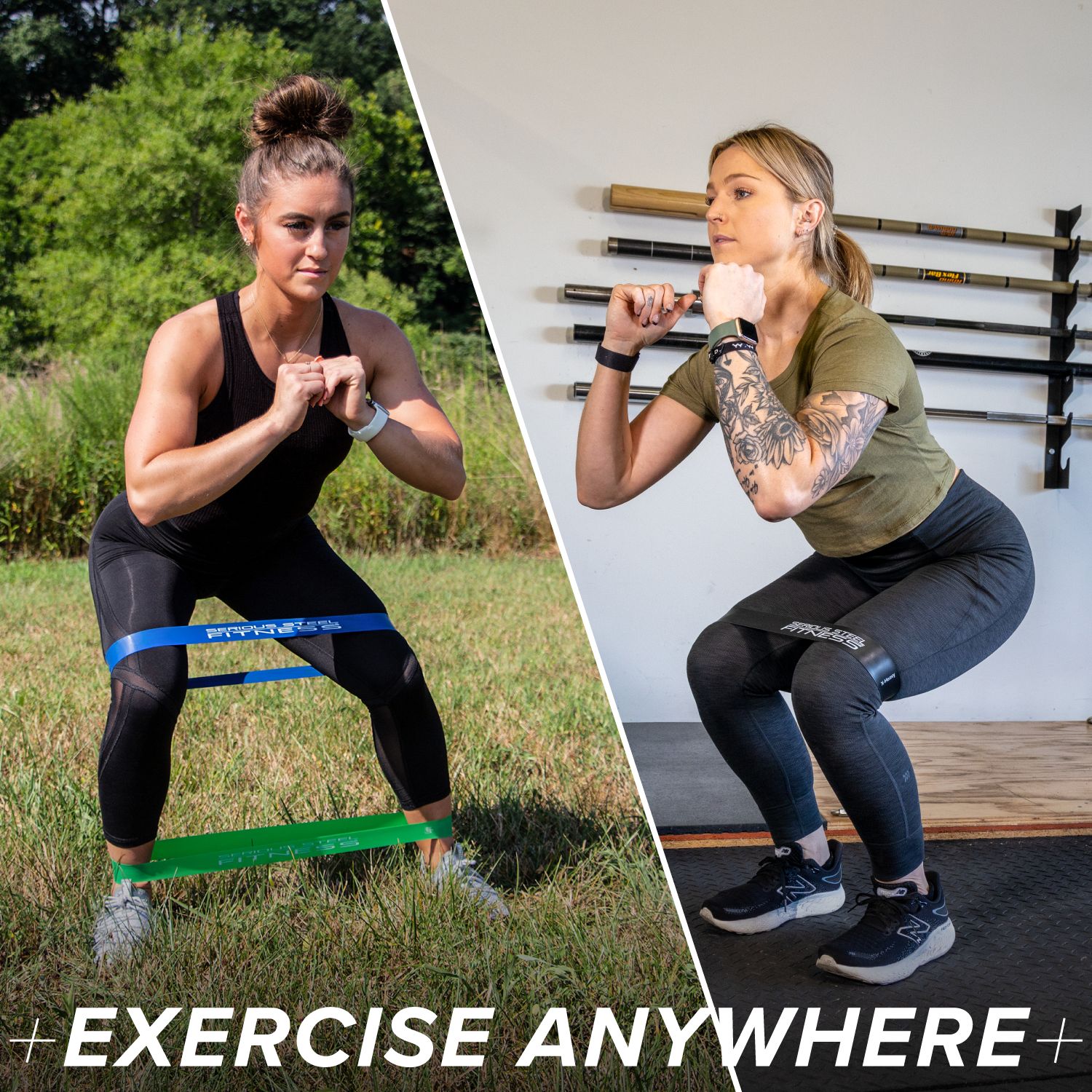 Two women use the Warm-Up Resistance Band Set (2 x 12) for squats—one outdoors on grass, the other indoors on a mat with workout gear nearby. Text: EXERCISE ANYWHERE.