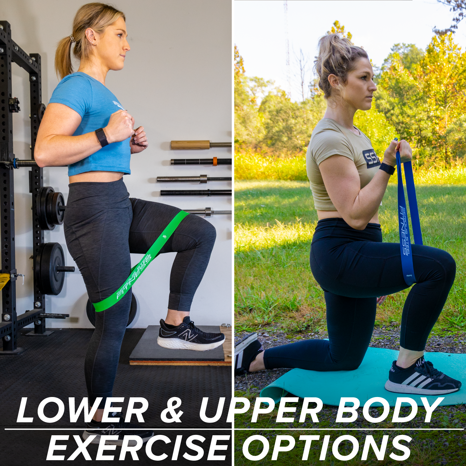 Split image: Left, a woman indoors does a step-up using the Warm-Up Resistance Band Set (2 x 12); right, a woman outdoors kneels on a mat, pulling resistance bands. Text at bottom: LOWER & UPPER BODY EXERCISE OPTIONS.