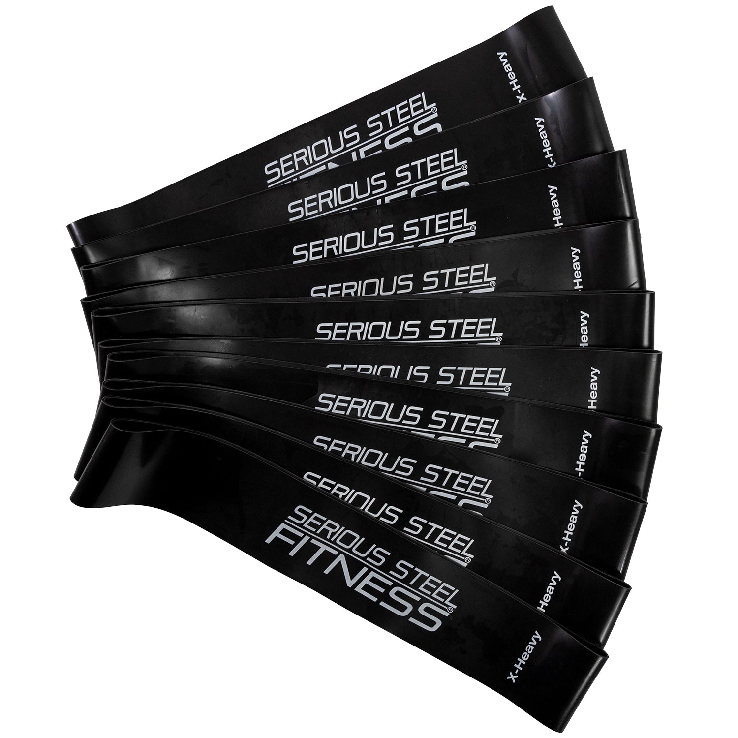 The Mini Loop Fitness Bands - 10 Pack features black resistance bands labeled Serious Steel Fitness, each marked with a different resistance level and displayed in a fanned-out stack—perfect for fitness band exercises.
