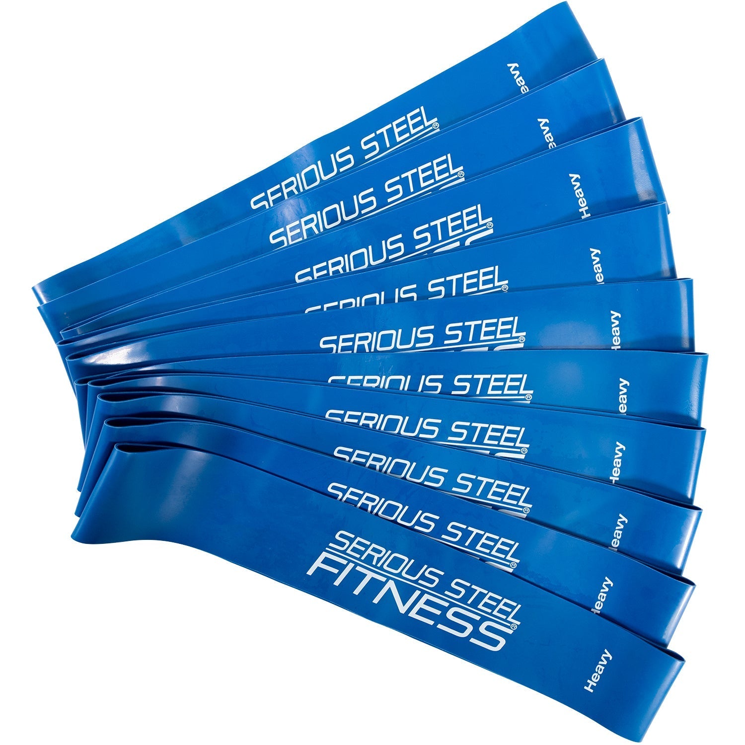The Mini Loop Fitness Bands - 10 Pack features blue bands stacked in a fan shape, each labeled SERIOUS STEEL FITNESS and Heavy—perfect for glute activation or versatile resistance training.