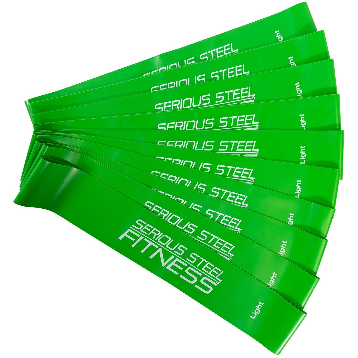 A stack of bright green Mini Loop Fitness Bands - 10 Pack labeled SERIOUS STEEL FITNESS and Light is fanned out on a white background.