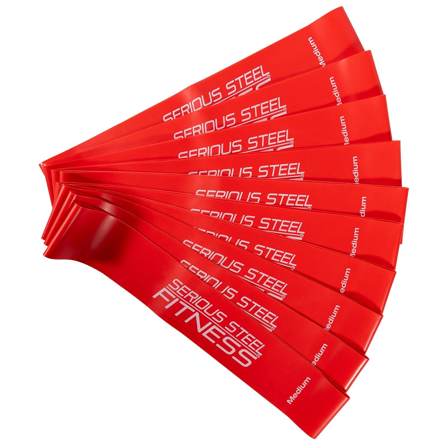 A 10-pack of Mini Loop Fitness Bands fanned out in a spiral on a white background—perfect for resistance band workouts and glute activation.