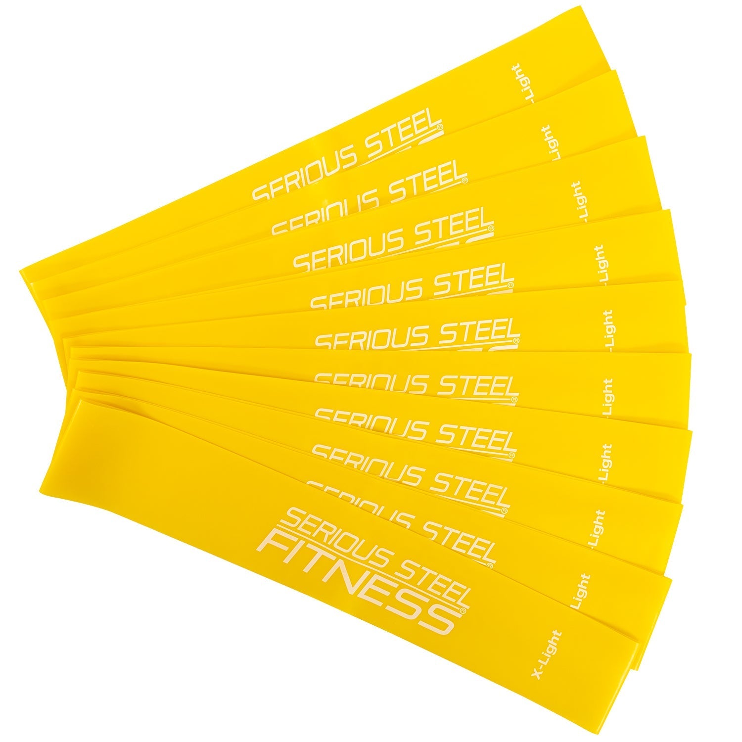 A stack of yellow SERIOUS STEEL FITNESS Mini Loop Fitness Bands - 10 Pack, including “Light” and “X-Light,” is fanned out. These bands are ideal for glute activation and versatile workouts.