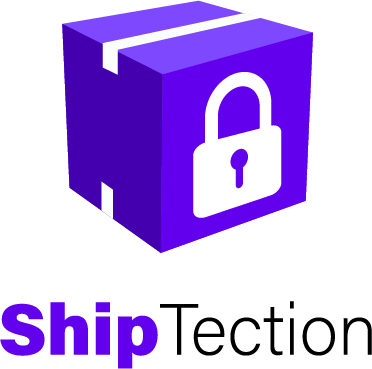 A purple shipping box with a white padlock icon symbolizes ShipTection Shipping Protection. Below the box, “ShipTection” appears, with “Ship” in bold purple and “Tection” in black.