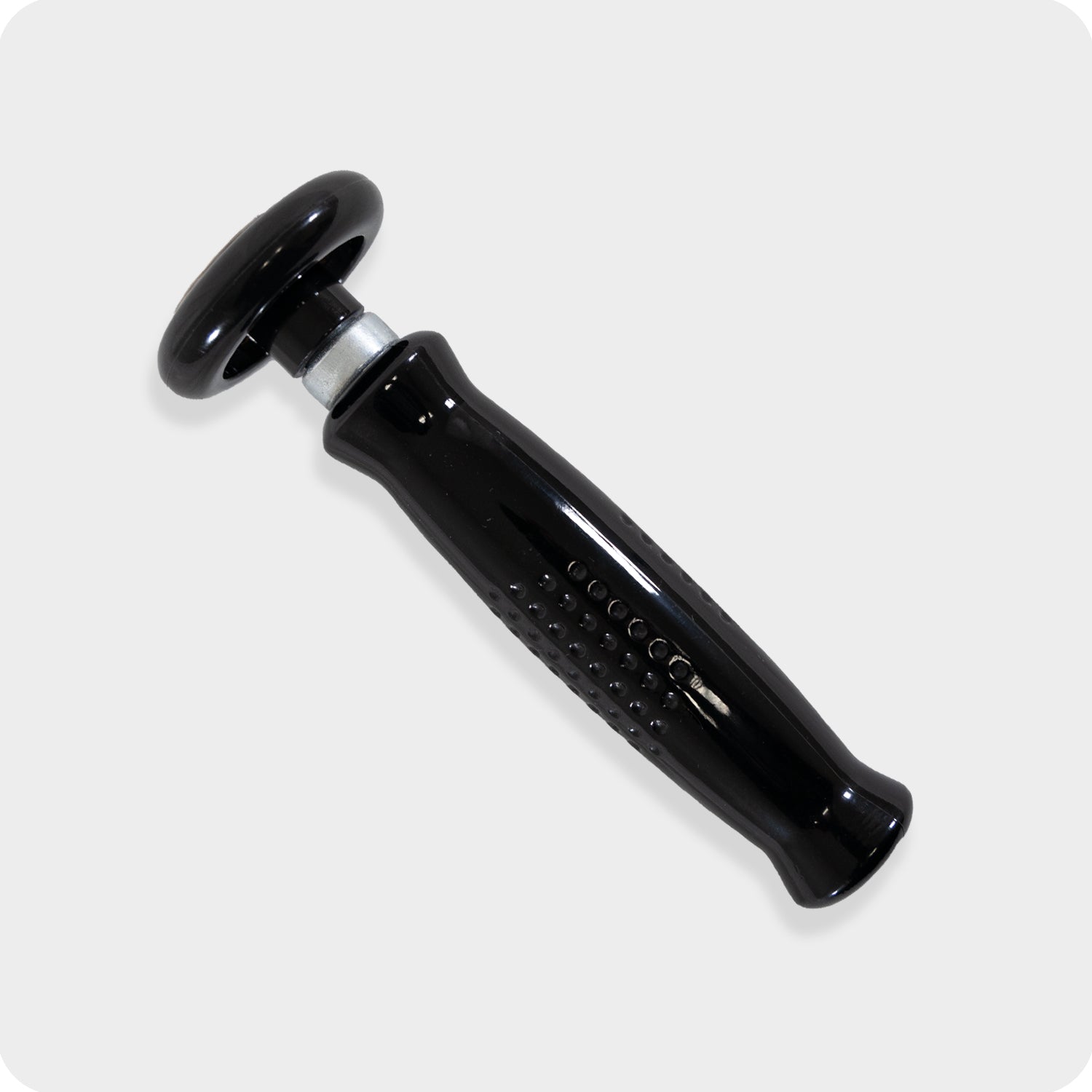 The Intruder™ can opener features a black handle, round turning knob, and metal cutting mechanism for comfort and ease—ideal for carpal tunnel relief—displayed on a light gray background.