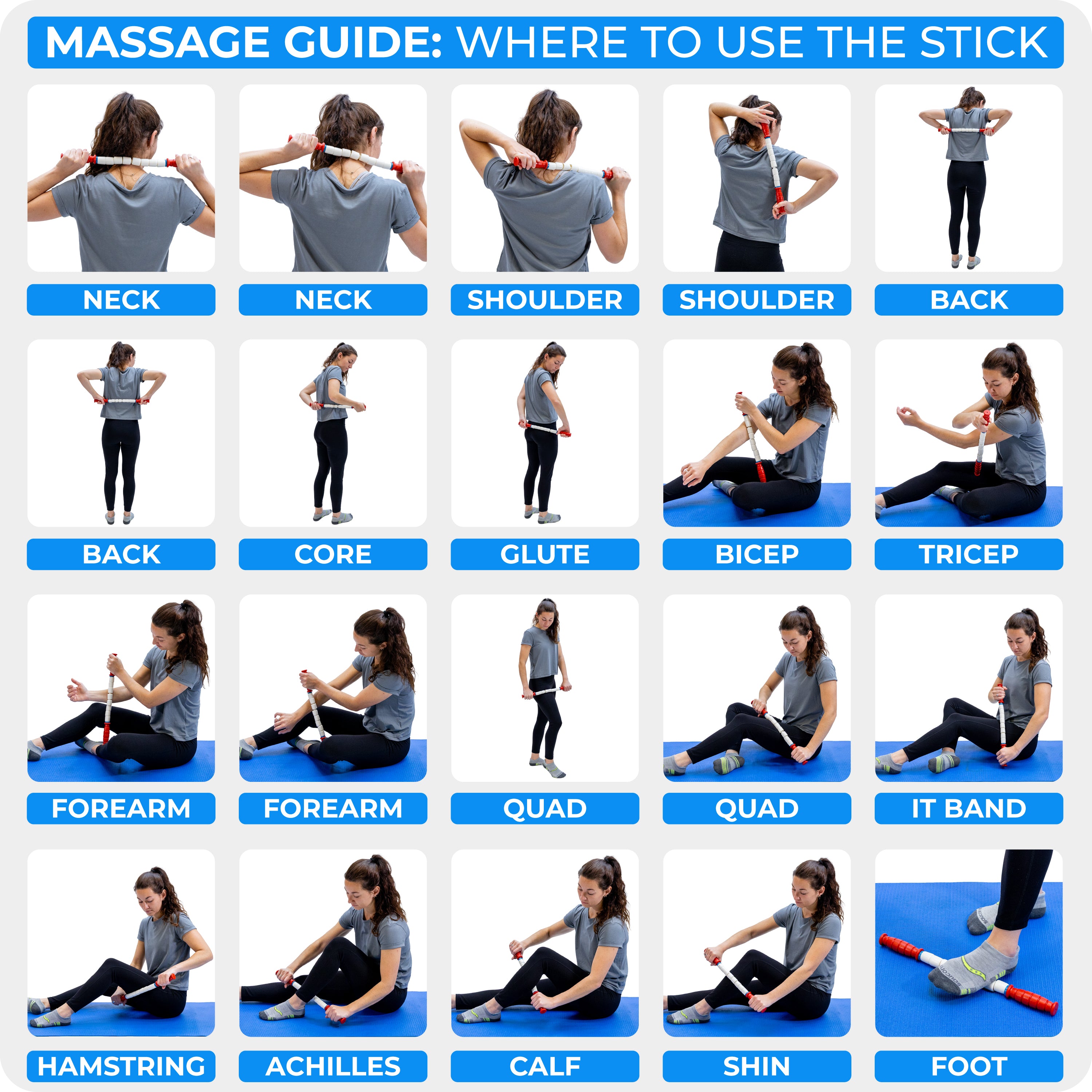 A massage guide shows a woman using the Travel Stick-18 on her neck, shoulders, back, core, glutes, arms, legs, and foot—with labeled images for each position. This gym bag essential is ideal for muscle recovery.