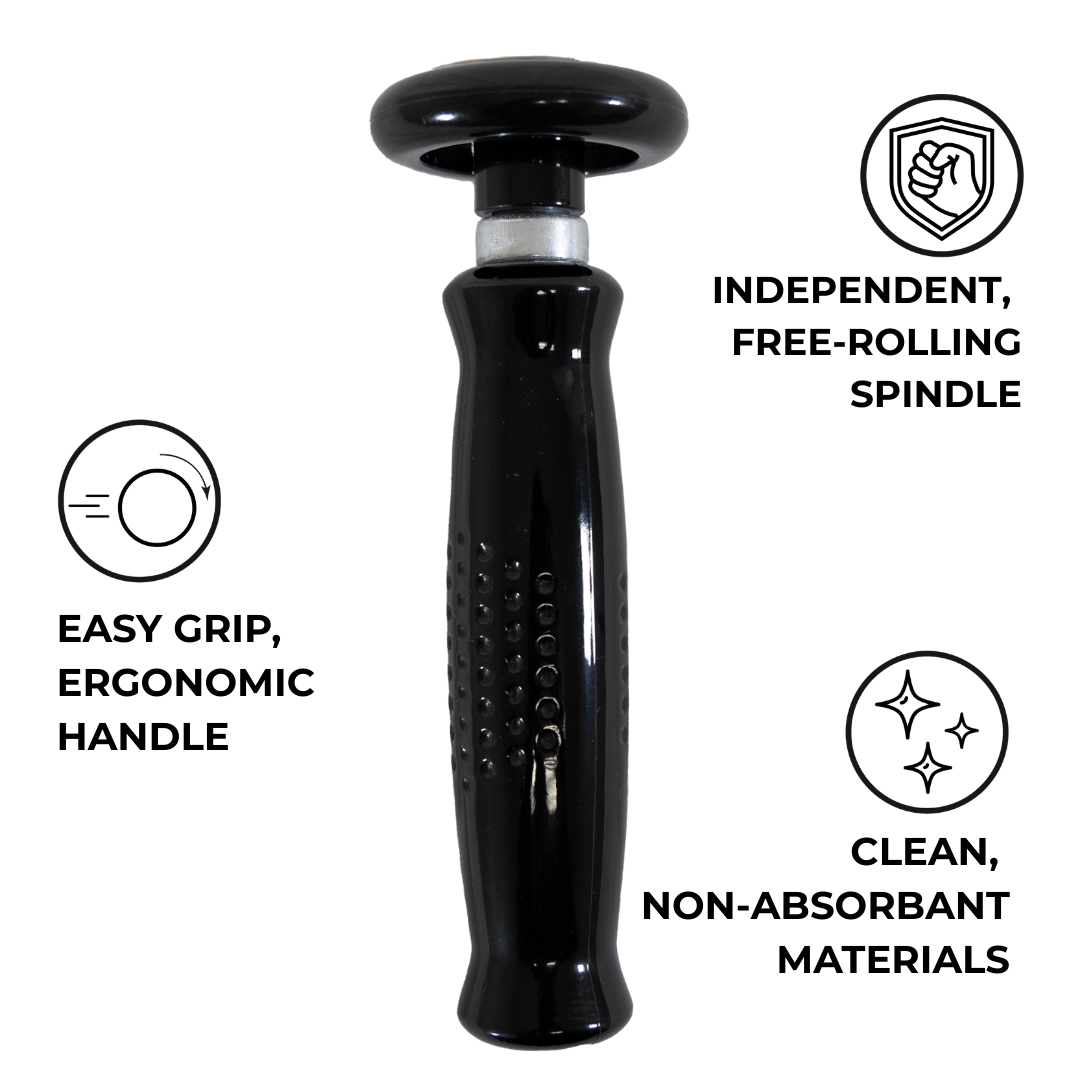 The Intruder™ features a black ergonomic handle and independent, free-rolling spindle for easy grip and use. Made from clean, non-absorbent materials—ideal for trigger point therapy and carpal tunnel relief.