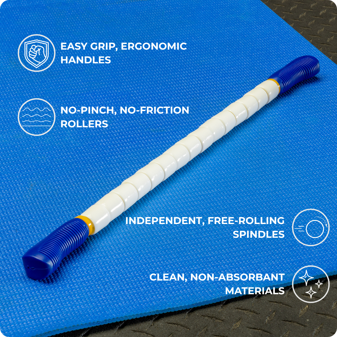 The Body Stick-24 features blue ergonomic handles and white no-friction rollers, with free-spinning spindles and clean, non-absorbent materials for effective full-body muscle recovery.