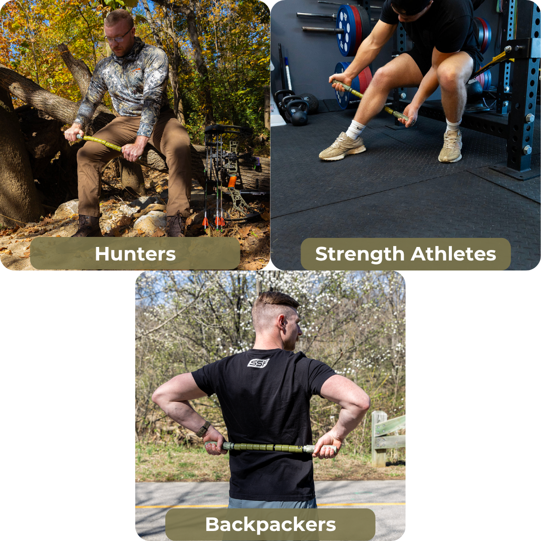 Three images show men using a measuring tape around their thighs or waist, labeled Hunters, Strength Athletes, and Backpackers, in outdoor and gym settings with adventure travel essentials and the Hunter Stick-22 for recovery.