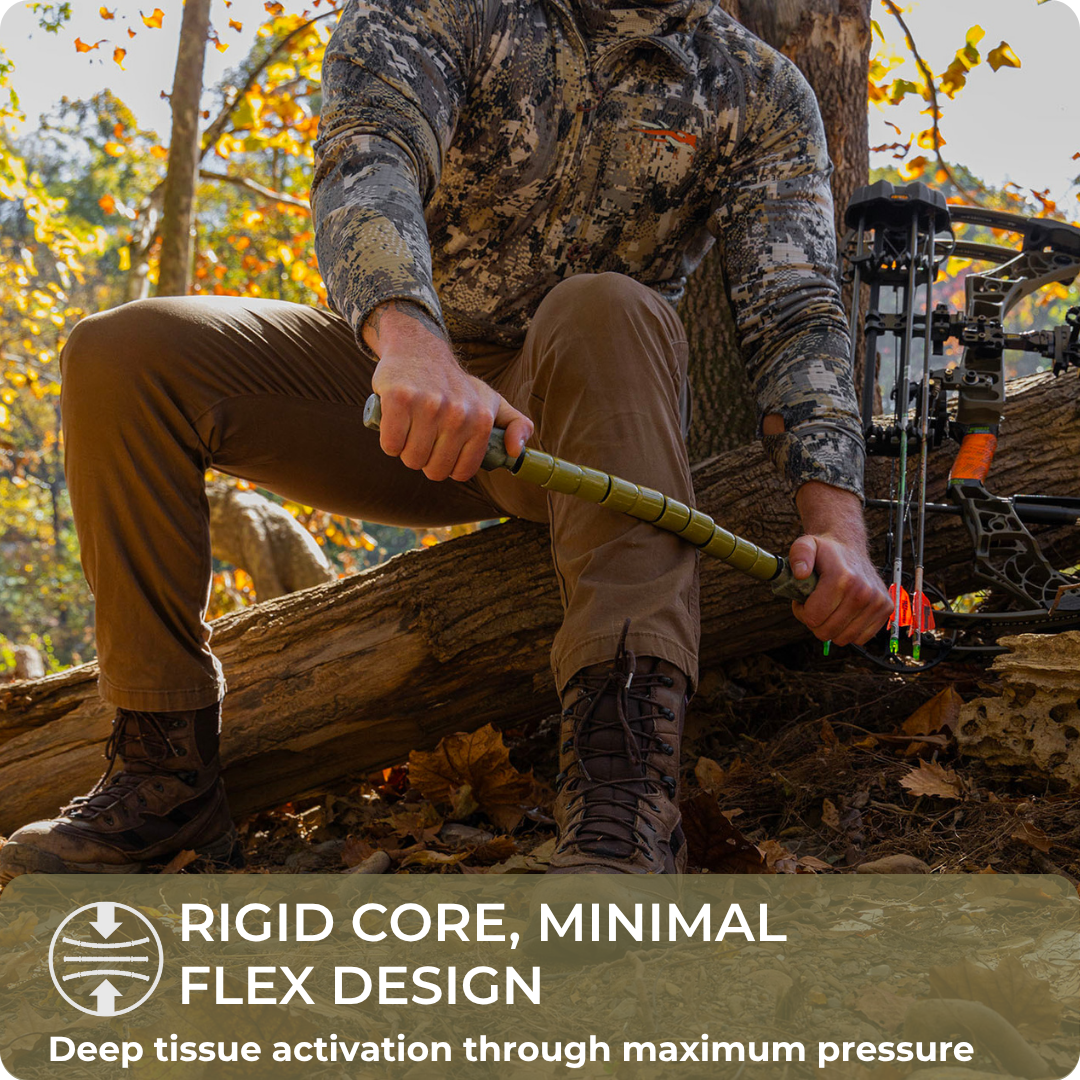 A person in camo uses the 22 Hunter Stick on their thigh while seated in a forest, with archery gear nearby. Text: Rigid core, minimal flex design. Deep tissue activation through maximum pressure.