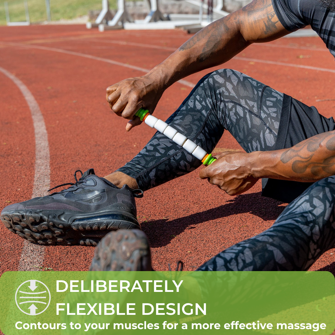 A person in athletic gear uses the Little Stick-14 massage stick on their calf while sitting on a running track. Text overlay: Flexible design contours to muscles for trigger point relief and an effective massage.