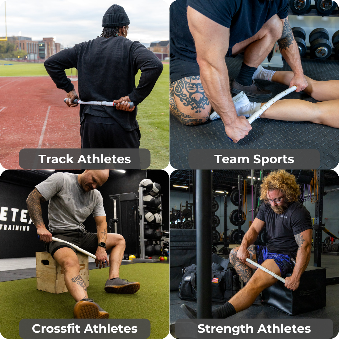 Four athletes use the Sprinter Stick-22 muscle roller: a track athlete on the field, a team player and strength athlete at gyms, and a CrossFit athlete at the box—each massaging legs for targeted recovery. Sport labels are included.