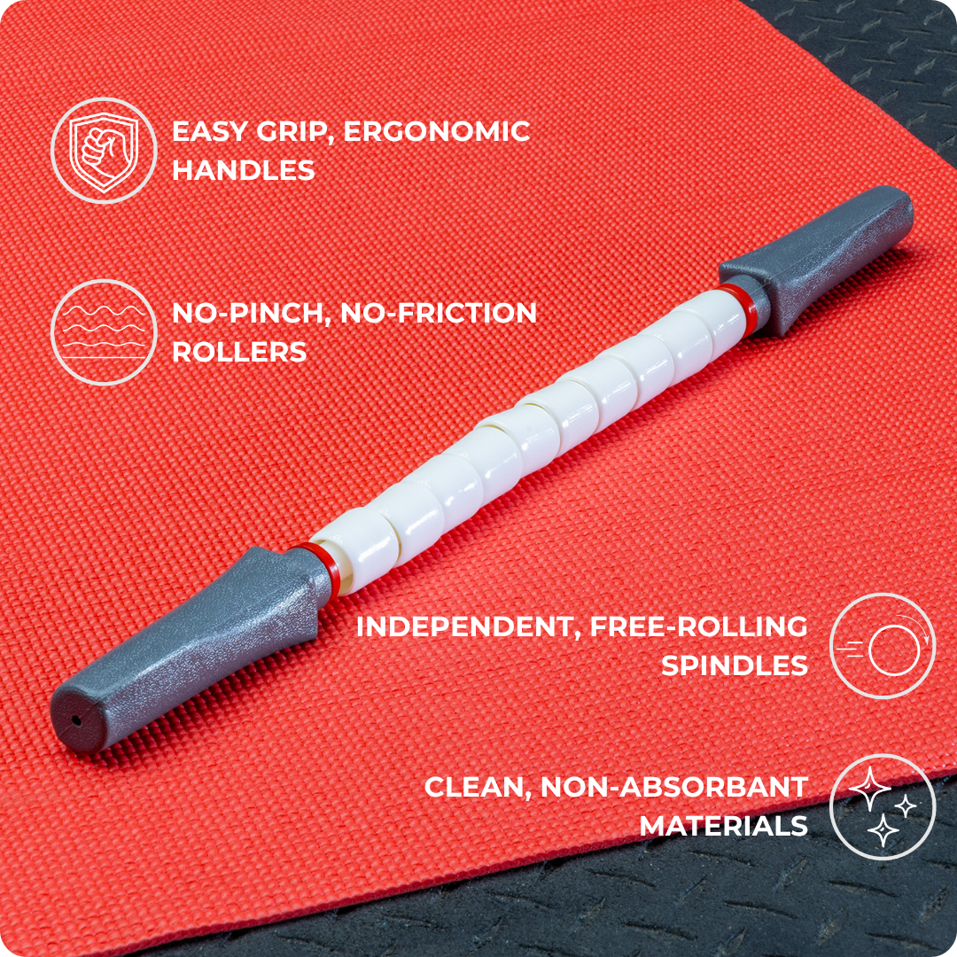 The Sprinter Stick-22, featuring gray ergonomic handles and white no-friction rollers, lies on a red mat. Its text highlights an easy grip, independent spindles, no-pinch design, clean non-absorbent materials, and deep tissue activation.