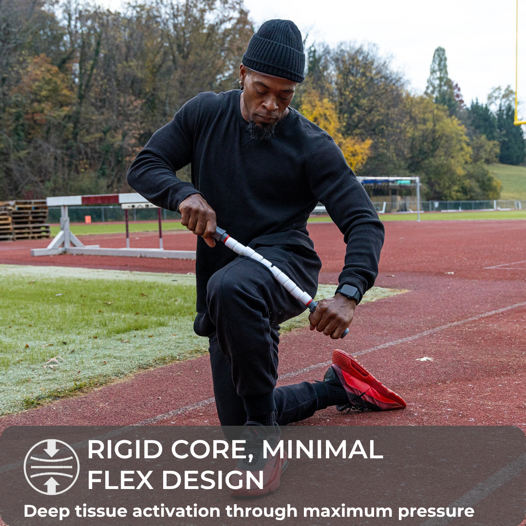 A man in athletic gear kneels on a running track, using the Sprinter Stick-22 on his thigh. Text overlay: RIGID CORE, MINIMAL FLEX DESIGN. Achieve explosive power recovery with deep tissue activation and maximum pressure.