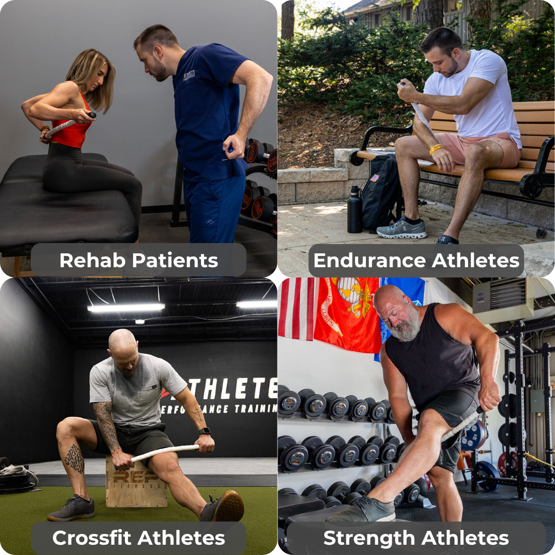 A collage shows: rehab exercises with assistance, an athlete on a bench checking a device, someone stretching in a Crossfit Athletes gym, and a muscular person lifting weights using the Stiff Stick - 24 muscle roller.