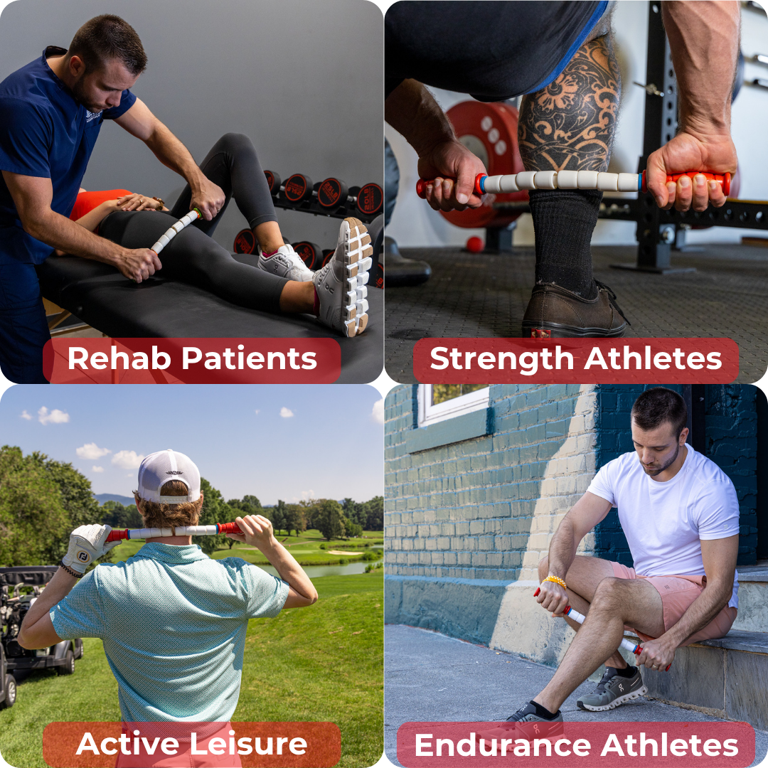 A collage shows four people using the Travel Stick-18 for muscle recovery: a therapist with a rehab patient, a strength athlete, a golfer, and an outdoorsman. Labels read: Rehab Patients, Strength Athletes, Active Leisure, Endurance Athletes.